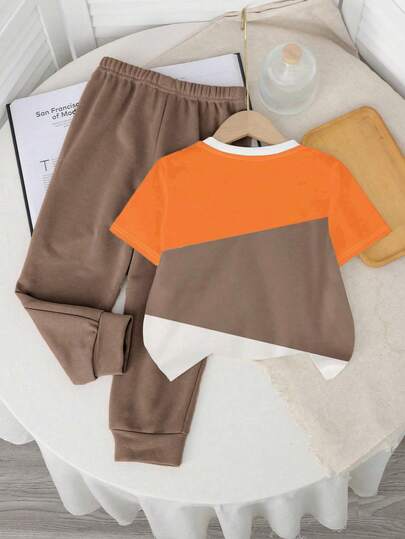 SHEIN طقم تي شيرت بأكمام قصيرة وبنطلون للأولاد الرضع، بطبعات حيوانات كرتونية ملونة وتصميم ملابس رياضية عصرية