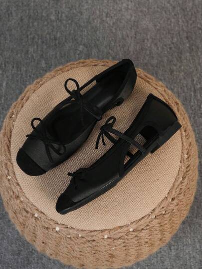 أحذية بالية للنساء، أحذية مسطحة ذات أصابع مربعة قابلة للارتداء، أحذية مسطحة متعددة الاستخدامات، أحذية لوفر مسطحة سوداء بفيونكة مفرغة، مقاسات كبيرة من 35 إلى 43