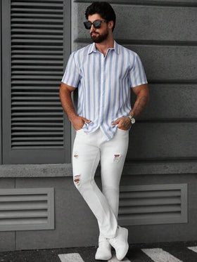 Manfinity CasualCool قميص كاجوال بأكمام قصيرة مخطط فضفاض مع أزرار