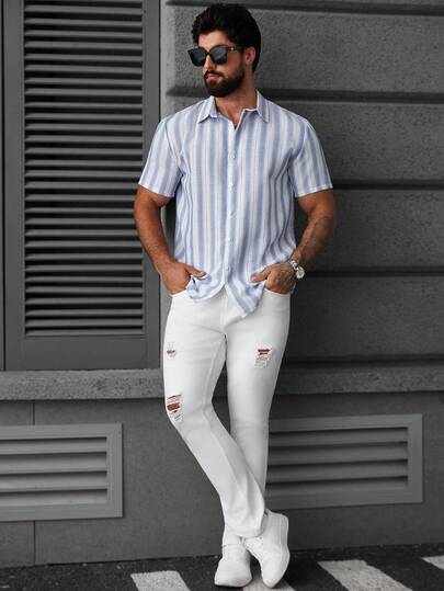 Manfinity CasualCool قميص كاجوال بأكمام قصيرة مخطط فضفاض مع أزرار