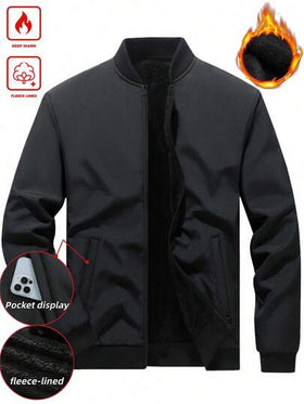 Manfinity Homme معطف قصير رجالي كاجوال مبطن حراريًا بياقة عالية مع سحاب، للخريف والشتاء، معطف مبطن حراريًا