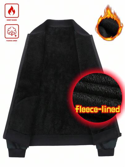 Manfinity Homme معطف قصير رجالي كاجوال مبطن حراريًا بياقة عالية مع سحاب، للخريف والشتاء، معطف مبطن حراريًا