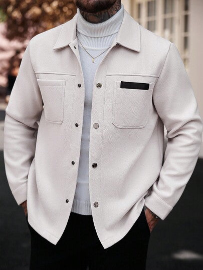 Manfinity CasualCool معطف طويل كاجوال أحادي اللون بأكمام طويلة، مناسب للرجال في فصلي الخريف والشتاء، معطف كريمي مزود بأزرار