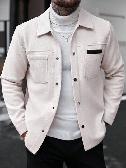 Manfinity CasualCool معطف طويل كاجوال أحادي اللون بأكمام طويلة، مناسب للرجال في فصلي الخريف والشتاء، معطف كريمي مزود بأزرار