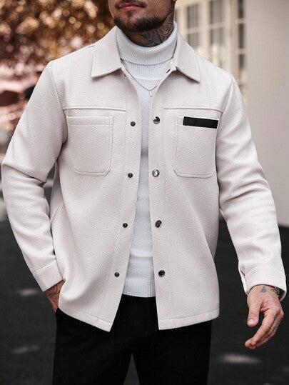 Manfinity CasualCool معطف طويل كاجوال أحادي اللون بأكمام طويلة، مناسب للرجال في فصلي الخريف والشتاء، معطف كريمي مزود بأزرار