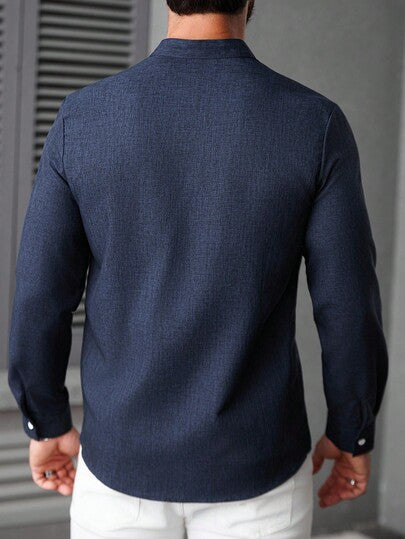 Manfinity CasualCool قميص رجالي كاجوال بياقة عالية وأكمام طويلة، مناسب للارتداء اليومي، قميص أزرق داكن رسمي بأزرار، لموسم الخريف