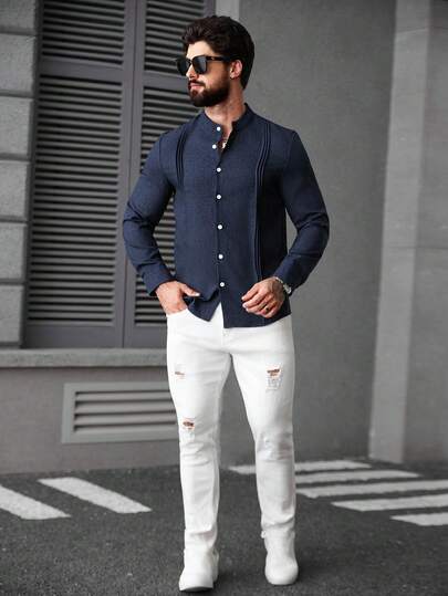 Manfinity CasualCool قميص رجالي كاجوال بياقة عالية وأكمام طويلة، مناسب للارتداء اليومي، قميص أزرق داكن رسمي بأزرار، لموسم الخريف