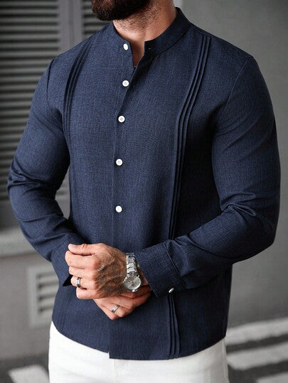 Manfinity CasualCool قميص رجالي كاجوال بياقة عالية وأكمام طويلة، مناسب للارتداء اليومي، قميص أزرق داكن رسمي بأزرار، لموسم الخريف
