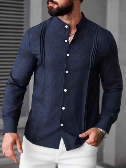 Manfinity CasualCool قميص رجالي كاجوال بياقة عالية وأكمام طويلة، مناسب للارتداء اليومي، قميص أزرق داكن رسمي بأزرار، لموسم الخريف