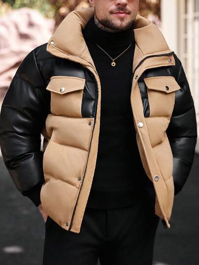 Manfinity Homme معطف شتوي للرجال مبطن بالحشو، أكمام طويلة، جيوب، بتصميم كتل لونية مع بطانة من الفليس لتدفئة الشتاء، معطف شتوي مربع الأنماط