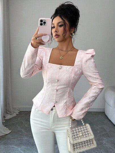 Elenzga بلوزة نسائية أنيقة رومانسية بأكمام منتفخة وياقة مربعة وخصر مناسب بتصميم خط A