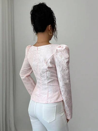 Elenzga بلوزة نسائية أنيقة رومانسية بأكمام منتفخة وياقة مربعة وخصر مناسب بتصميم خط A