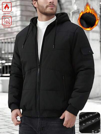 Manfinity Homme معطف كاجوال للرجال بلون أحادي مع كابوشون، متعدد الاستخدامات للشتاء والخريف