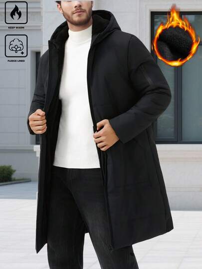 Manfinity Homme معطف شتوي طويل الأكمام مبطن بالحرارة ذو لون أحادي بتصميم بسيط وكاجوال مع كابوشون، خريف
