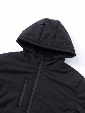 Manfinity Homme معطف شتوي طويل الأكمام مبطن بالحرارة ذو لون أحادي بتصميم بسيط وكاجوال مع كابوشون، خريف