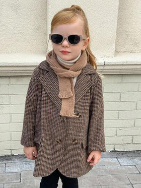 Playful Pals معطف صوفي مخلوط للفتيات، طراز بريطاني راقي بياقة مشرشرة ذات نمط مربعات رجعي، أنيق وأنيق، مناسب للارتداء اليومي والتجمعات مع الأصدقاء، خريف/شتاء