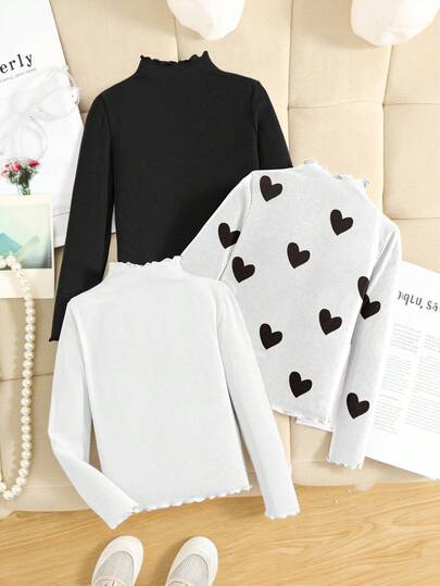 SHEIN 3 قطع/مجموعة تي شيرت بياقة عالية مطبوعة بقلوب للفتيات المراهقات، موديل كاجوال مناسب للخريف/الشتاء