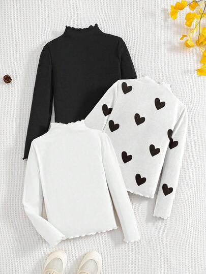 SHEIN 3 قطع/مجموعة تي شيرت بياقة عالية مطبوعة بقلوب للفتيات المراهقات، موديل كاجوال مناسب للخريف/الشتاء