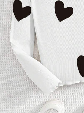 SHEIN 3 قطع/مجموعة تي شيرت بياقة عالية مطبوعة بقلوب للفتيات المراهقات، موديل كاجوال مناسب للخريف/الشتاء