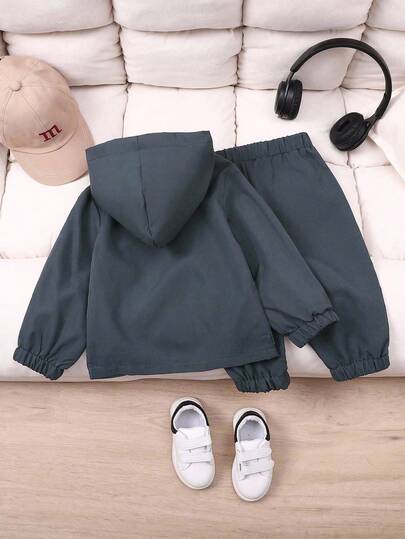SHEIN Playful Pals اطقم سترة بقلنسوة وبنطلون طويل لطفل الذكور 2 قطعة, خريف