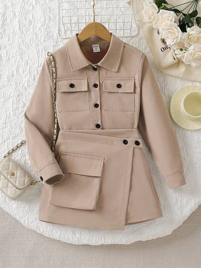 SHEIN مجموعة بنطلون شورت كاجوال + جاكيت للبنات، جاكيت قصير كم طويل وبنطلون، للربيع/الخريف، 2 قطعة