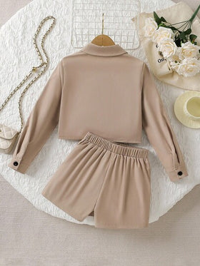 SHEIN مجموعة بنطلون شورت كاجوال + جاكيت للبنات، جاكيت قصير كم طويل وبنطلون، للربيع/الخريف، 2 قطعة
