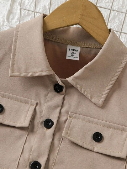 SHEIN مجموعة بنطلون شورت كاجوال + جاكيت للبنات، جاكيت قصير كم طويل وبنطلون، للربيع/الخريف، 2 قطعة