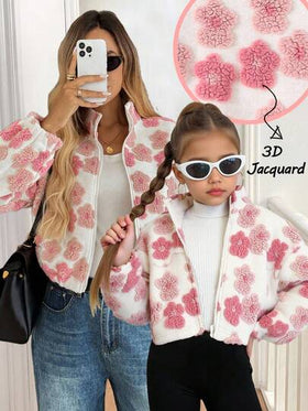 SHEIN جاكيت تيدي ذات ياقة عالية مزينة بنمط زهري ثلاثي الأبعاد، أكمام طويلة وسحاب أمامي، من الفليس الدافئ والمريح، مناسبة للارتداء اليومي والكاجوال في فصلي الخريف والشتاء، للعطلات والإجازات
