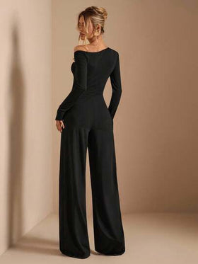 SHEIN BAE جمبسوت أنيقة ذات أكتاف غير متماثلة وأكمام طويلة مزينة بإبزيم معدني، ذات ساق واسعة، مناسبة للارتداء اليومي والمناسبات والحفلات، جمبسوت نسائية أنيقة للطبقات، جمبسوت ذات أكتاف غير متماثلة، جمبسوت ذات ساق واسعة، جمبسوت عيد الحب، جمبسوت للاستخدام الي