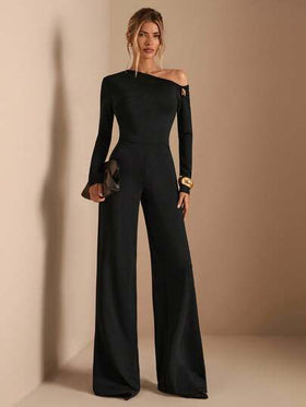 SHEIN BAE جمبسوت أنيقة ذات أكتاف غير متماثلة وأكمام طويلة مزينة بإبزيم معدني، ذات ساق واسعة، مناسبة للارتداء اليومي والمناسبات والحفلات، جمبسوت نسائية أنيقة للطبقات، جمبسوت ذات أكتاف غير متماثلة، جمبسوت ذات ساق واسعة، جمبسوت عيد الحب، جمبسوت للاستخدام الي