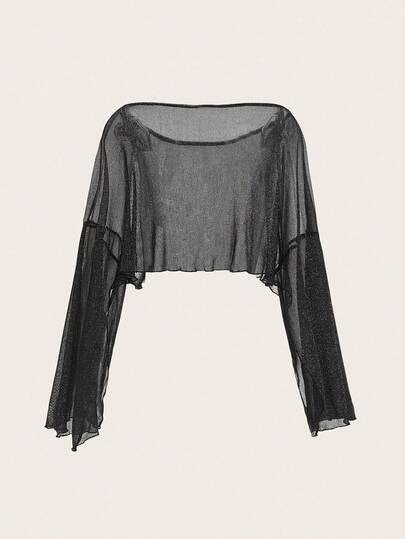 EZwear ملابس علوية نسائية بأكمام خفافيش قصيرة بأكمام ثلاثة أرباع، بياقة دائرية، بلون أحادي، بلمعة معدنية، مناسبة للخريف/الشتاء، مناسبة للحفلات، بطراز Y2K، موسم الحفلات