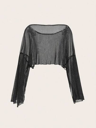 EZwear ملابس علوية نسائية بأكمام خفافيش قصيرة بأكمام ثلاثة أرباع، بياقة دائرية، بلون أحادي، بلمعة معدنية، مناسبة للخريف/الشتاء، مناسبة للحفلات، بطراز Y2K، موسم الحفلات