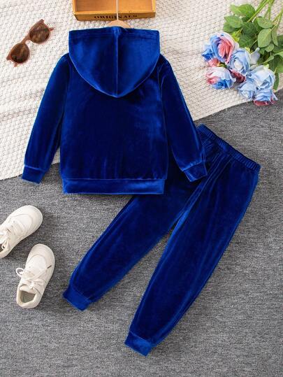 SHEIN Elladie kids مجموعة ملابس رياضية كاجوال مريحة للبنات بأكمام طويلة وقبعة، للخريف، 2 قطعة