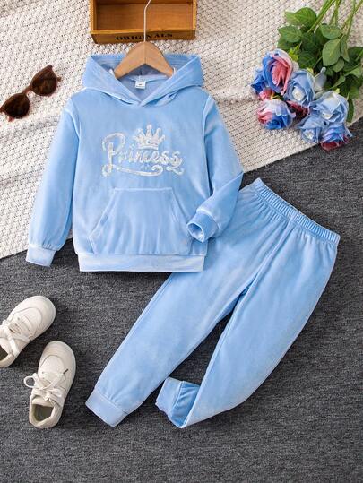 SHEIN Elladie kids مجموعة ملابس رياضية كاجوال مريحة للبنات بأكمام طويلة وقبعة، للخريف، 2 قطعة