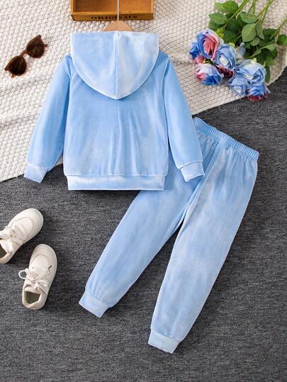SHEIN Elladie kids مجموعة ملابس رياضية كاجوال مريحة للبنات بأكمام طويلة وقبعة، للخريف، 2 قطعة