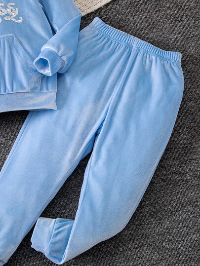 SHEIN Elladie kids مجموعة ملابس رياضية كاجوال مريحة للبنات بأكمام طويلة وقبعة، للخريف، 2 قطعة
