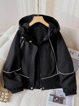 SHEIN جاكيت كاجوال متعدد الاستخدامات للبنات، أسود مع حبل أبيض للزينة، أساور مطاطية، أزرار معدنية فضية، مناسب للمدرسة والتنقل والخروجات والرياضة، يمكن ارتداؤه مع بلوزات طويلة الأكمام وبنطلونات