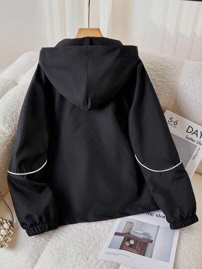 SHEIN جاكيت كاجوال متعدد الاستخدامات للبنات، أسود مع حبل أبيض للزينة، أساور مطاطية، أزرار معدنية فضية، مناسب للمدرسة والتنقل والخروجات والرياضة، يمكن ارتداؤه مع بلوزات طويلة الأكمام وبنطلونات
