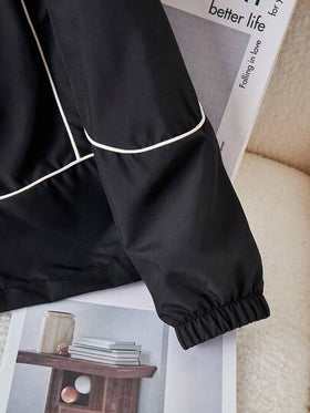 SHEIN جاكيت كاجوال متعدد الاستخدامات للبنات، أسود مع حبل أبيض للزينة، أساور مطاطية، أزرار معدنية فضية، مناسب للمدرسة والتنقل والخروجات والرياضة، يمكن ارتداؤه مع بلوزات طويلة الأكمام وبنطلونات