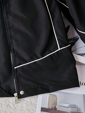 SHEIN جاكيت كاجوال متعدد الاستخدامات للبنات، أسود مع حبل أبيض للزينة، أساور مطاطية، أزرار معدنية فضية، مناسب للمدرسة والتنقل والخروجات والرياضة، يمكن ارتداؤه مع بلوزات طويلة الأكمام وبنطلونات