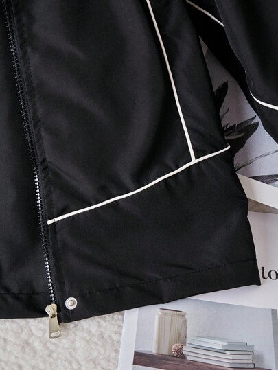 SHEIN جاكيت كاجوال متعدد الاستخدامات للبنات، أسود مع حبل أبيض للزينة، أساور مطاطية، أزرار معدنية فضية، مناسب للمدرسة والتنقل والخروجات والرياضة، يمكن ارتداؤه مع بلوزات طويلة الأكمام وبنطلونات