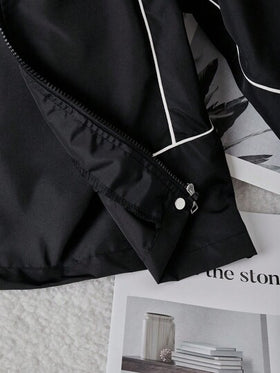 SHEIN جاكيت كاجوال متعدد الاستخدامات للبنات، أسود مع حبل أبيض للزينة، أساور مطاطية، أزرار معدنية فضية، مناسب للمدرسة والتنقل والخروجات والرياضة، يمكن ارتداؤه مع بلوزات طويلة الأكمام وبنطلونات