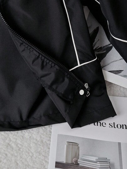 SHEIN جاكيت كاجوال متعدد الاستخدامات للبنات، أسود مع حبل أبيض للزينة، أساور مطاطية، أزرار معدنية فضية، مناسب للمدرسة والتنقل والخروجات والرياضة، يمكن ارتداؤه مع بلوزات طويلة الأكمام وبنطلونات