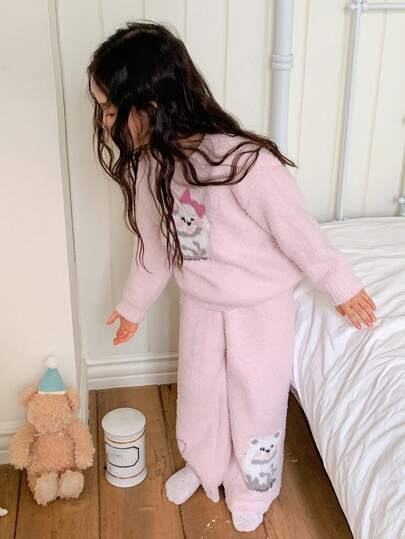 Dazy Kids طقم بيجامة بسروال ولباس علوي بأكمام طويلة مع طباعة كرتونية جميلة للفتيات الصغيرات، دافئ للخريف/الشتاء