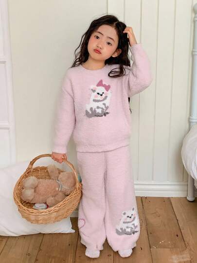 Dazy Kids طقم بيجامة بسروال ولباس علوي بأكمام طويلة مع طباعة كرتونية جميلة للفتيات الصغيرات، دافئ للخريف/الشتاء