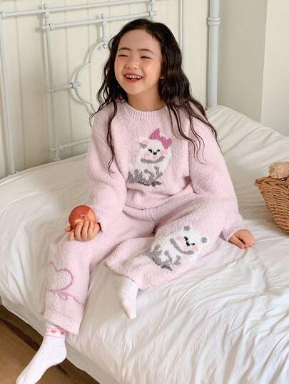 Dazy Kids طقم بيجامة بسروال ولباس علوي بأكمام طويلة مع طباعة كرتونية جميلة للفتيات الصغيرات، دافئ للخريف/الشتاء