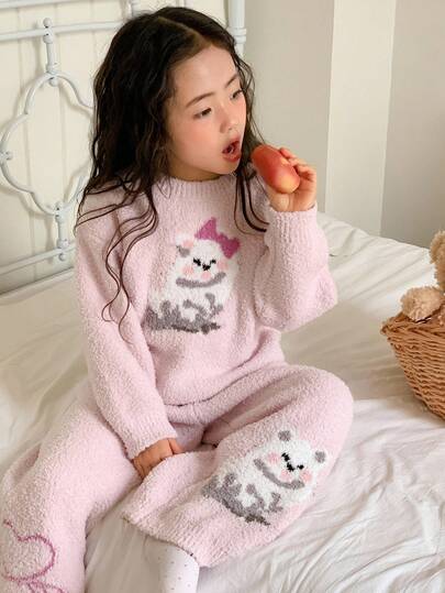 Dazy Kids طقم بيجامة بسروال ولباس علوي بأكمام طويلة مع طباعة كرتونية جميلة للفتيات الصغيرات، دافئ للخريف/الشتاء