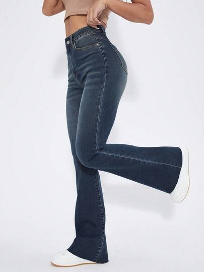 SHEIN EZwear بنطال جينز أزرق غسيل عالي الخصر واسع الساق
