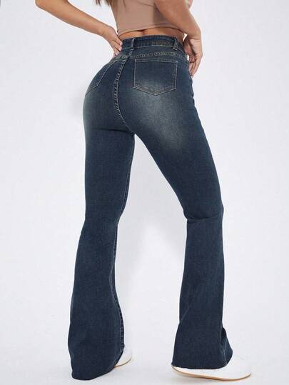 SHEIN EZwear بنطال جينز أزرق غسيل عالي الخصر واسع الساق