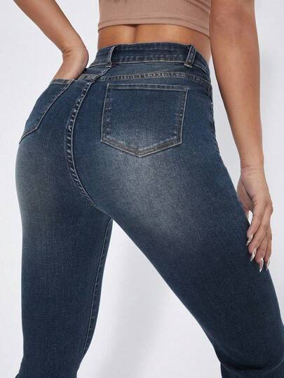 SHEIN EZwear بنطال جينز أزرق غسيل عالي الخصر واسع الساق